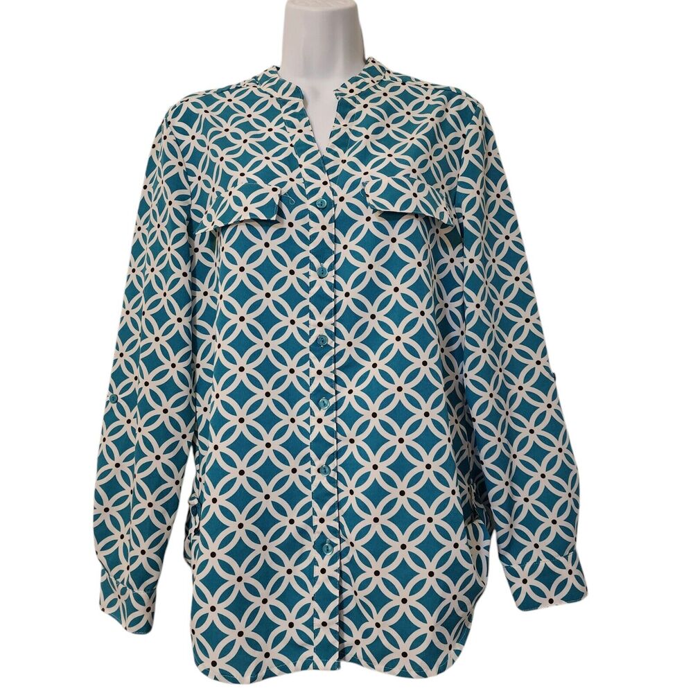 NY Collection Teal & White Button Down Top - Size Small